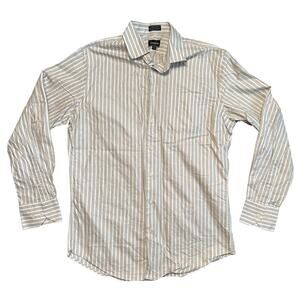 Neiman Marcus Trim Fit Tan White Stripe Cotton Button Up Shirt Men's Sz 16 34/35